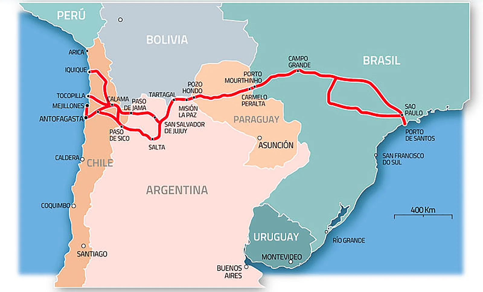 Mapa del Corredor Bioceánico Sudamericano que conecta Brasil, Paraguay, Argentina y Chile