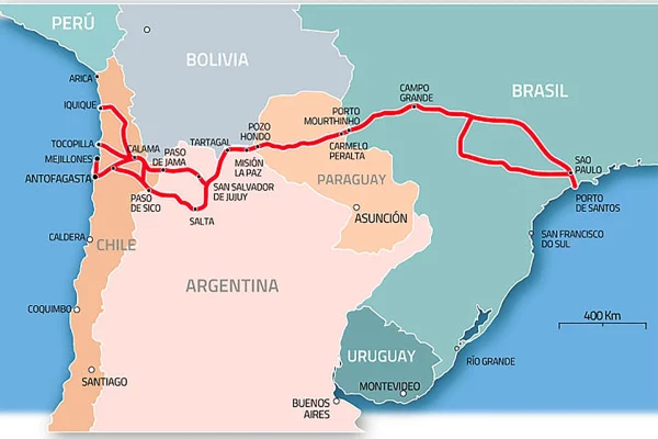 Mapa del Corredor Bioceánico Sudamericano que conecta Brasil, Paraguay, Argentina y Chile